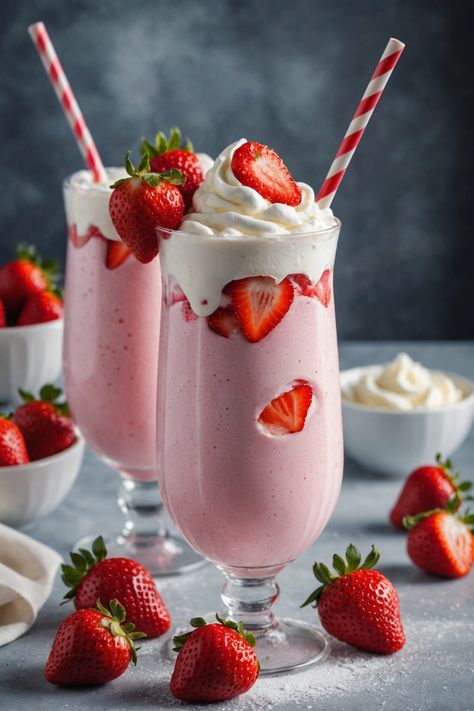 A photo of a  Strawberry Milkshake which is a type of strawberry desserts Dessert Milkshakes, Strawberry Beverages, Milkshakes Aesthetic, Pretty Drinks Aesthetic, Fun Dessert Ideas, Milkshakes Recipes, Unique Beverages, Healthy Strawberry Dessert, Cute Milkshake