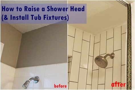 DIY Raise-Install Shower Fixtures Tutorial Shower Faucet Replacement, Fancy Shower Curtains, Bathroom Renovation Cost, Tile Tub Surround, Brass Toilet Paper Holder, Large Shower Heads, Furniture Craft, Rent House, Bathroom Projects