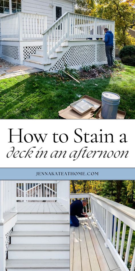 Learn how to stain a deck with these steps to a perfect finish. This DIY guide shows the easiest way using a sprayer for quick and even results. Whether it’s part of a deck renovation or regular maintenance, staining your deck has never been simpler! Deck On A Budget, Stain A Deck, Outdoor Decor Diy, Porch Patio Ideas, Easy Deck, Deck Renovation, Diy Front Yard, Diy Backyard Ideas, Diy Spring Decor