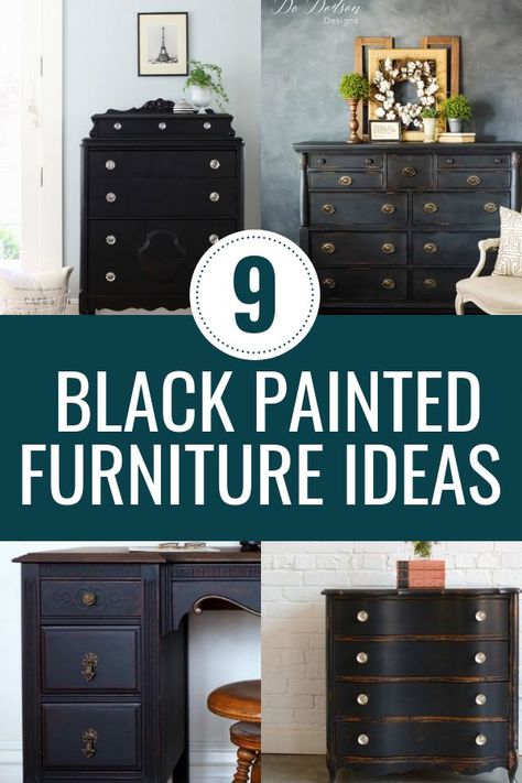 9 black painted furniture projects that will inspire your next DIY Furniture makeover. If you love a good before and after furniture project, check these 9 pieces out. #paintedfurniture #blackpaintedfurniture Painted Furniture Ideas, Black Painted Furniture, Diy Furniture Makeover Ideas, Bedroom Furniture Makeover, Painted Bedroom Furniture, Black Bedroom Furniture, Diy Furniture Renovation, Black Furniture, Furniture Renovation