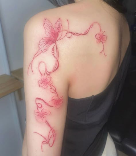 momo__poke Red Ink Tattoos Fine Line, Big Tattoos For Women Arm, Big Shoulder Tattoo, Big Arm Tattoos Women, Big Arm Tattoos, Letters Tattoo, Tattoos Infinity, Stick Poke, Pink Tattoo