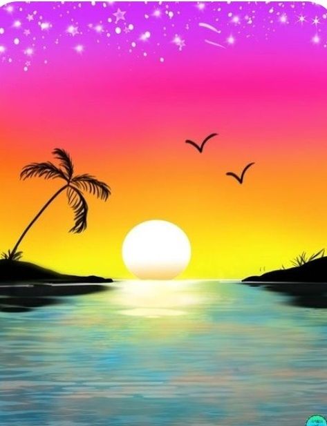 Tropical Sunset Painting, Sunset Scenery Painting, Easy Painting Ideas For Kids, Beach Sunset Painting, Easy Canvas Painting Ideas, Painting Ideas For Kids, Easy Acrylic Painting Ideas, Simple Painting Ideas, Sunset Canvas Painting