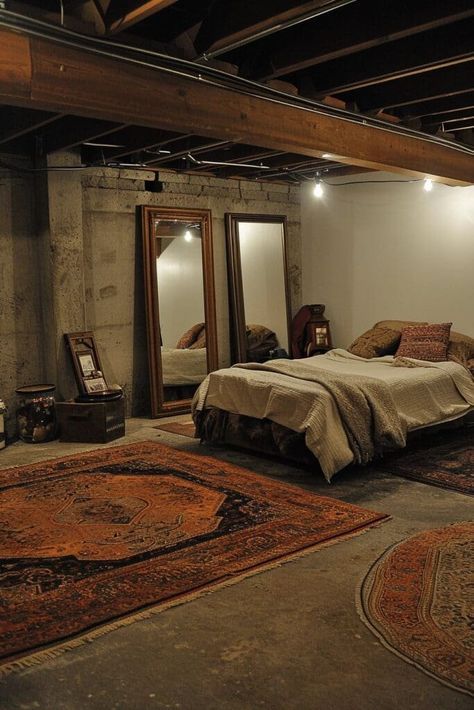 Unfinished Bedroom Ideas, Turning A Basement Into A Bedroom, Convert Basement To Bedroom, How To Make An Unfinished Basement Livable, Exposed Ceiling Basement Ideas, Unfinished Walls Interiors, Unfinished To Finished Basement, Finished Basement Aesthetic, Makeshift Basement Bedroom