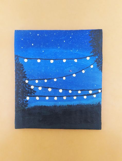 Street Light Canvas Painting, Star Canvas Painting Easy, Street Lights At Night Drawing, Night Cityscape Painting, Night Time Paintings Easy, Cute Easy Paintings, Stars Light, Christmas Tree Drawing, Night Sky Painting