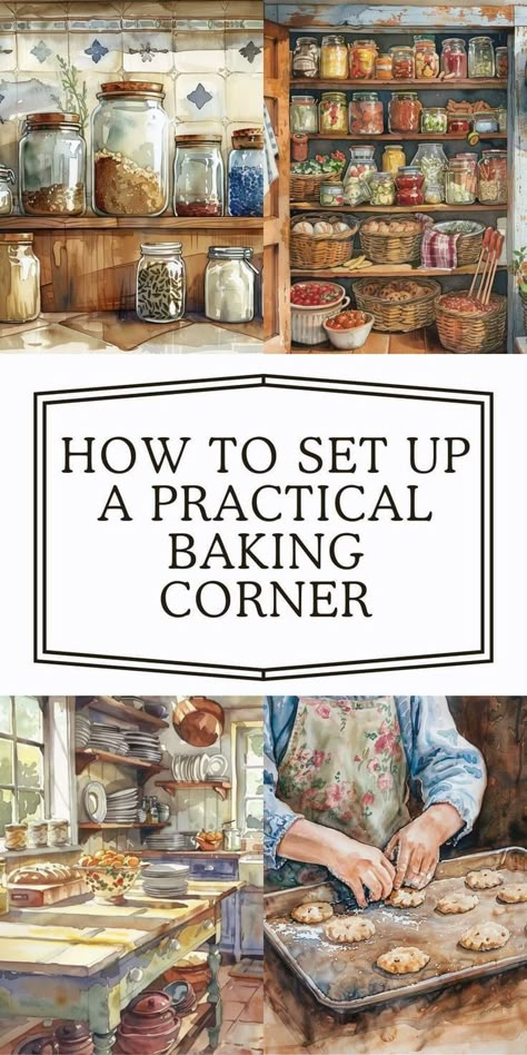 Combine style and function in your kitchen by setting up a chic baking corner. Get tips on organizing your tools and ingredients for a space that’s both beautiful and practical. Bakery Inspired Kitchen, Baking Aesthetic Kitchen, Baking Set Up, Baking Corner In Kitchen, Baking Station In Kitchen, Homesteaders Kitchen, Homestead Kitchen Design, Baking Station Ideas, Kitchen Baking Center