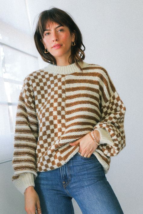 Brown Mixed Checker Sweater - L Summer 2023 Vision Board, Checker Sweater, Striped Sweater Outfit, Wave Sweater, Checkered Sweater, Creative Knitting, Patchwork Sweater, Handmade Knitwear, Unique Sweaters