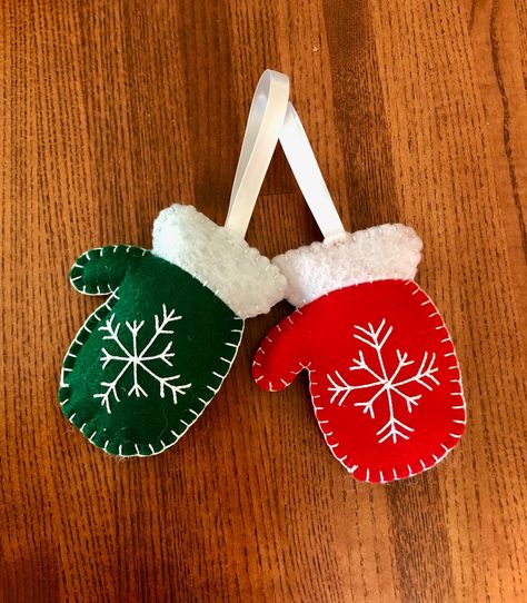 Handsewn Felt Mitten Christmas Ornaments. 6 Colors Available - Etsy Canada Christmas Tree Mitten Ornaments, Mitten Felt Ornaments, Felt Christmas Decorations Diy, Felt Mitten Ornaments, Christmas Felt Ornaments, Canada Christmas, Grandparents Ornament, Making Ornaments, Mitten Ornaments