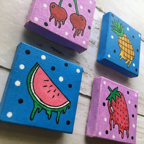 Drippy fruit canvas magnet set! A strawberry, a watermelon, a pineapple, and cherries. Super-strong and perfect for your fridge or locker :). 2x2 Canvas Paintings, Canvas Fridge Magnets, Fruit Canvas Painting, Kids Canvas Art, Coaster Art, Inspiration Painting, Canvas Paint, Kids Canvas, Canvas Painting Designs