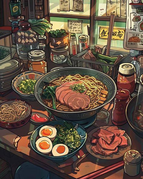 friday mood 🍜 ⠀⠀⠀⠀ 🔗 https://linktr.ee/whimcity 💻 created with MidJourney & Topaz Gigapixel ⠀⠀⠀⠀⠀⠀⠀⠀⠀ 🔗 #chillvibes 🔗 #studioghibli 🔗 #aiartcommunity 🔗 #animelover 🔗 #animeart 🔗 #sunsetlovers 🔗 #lofi 🔗 #japanlover Food Art Wallpaper, Eating Drawing, Comfort Art, Friday Mood, Eating Ramen, Illustration Kunst, Foodie Art, Food Illustration Art, 2d Illustration