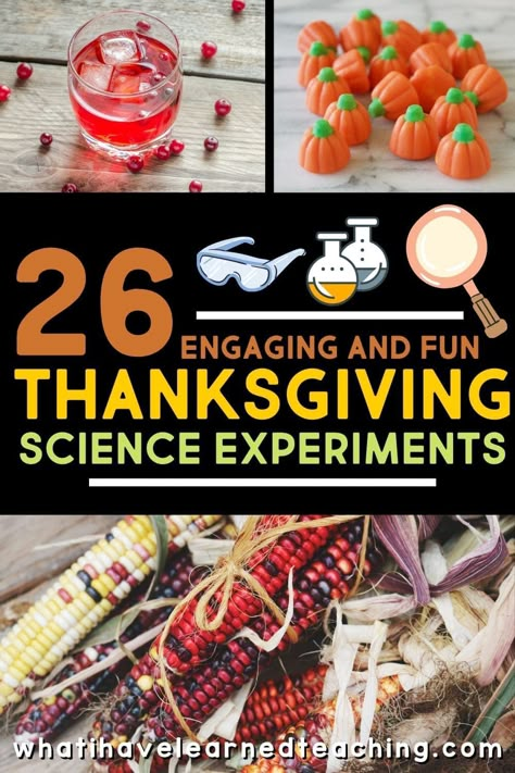 These Thanksgiving Themed Science Activities are great throughout the month of November. Engage elementary students in learning about physical science, life science, and earth science with topics about pumpkin volcanos, slime, reversible and irreversible changes, and more! Here are 26 Thanksgiving Science Experiments for your little scientists. Thanksgiving Science Experiments, Reversible And Irreversible Changes, Thanksgiving Science Activities, Turkey Science, Dancing Corn, Thanksgiving Homeschool, Thanksgiving Science, Scientific Method Experiments, Thanksgiving Stem Activities