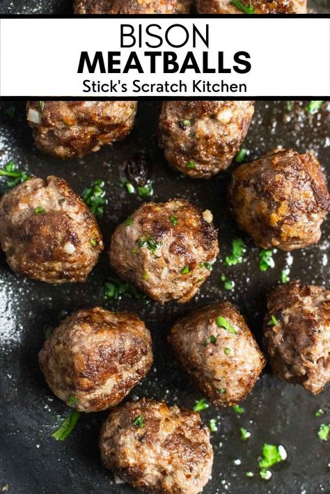 Pan seared bison meatballs are a lean, hearty, and flavorful alternative to traditional beef meatballs. These meatballs require a handful of simple ingredients, like ground bison, egg, garlic, Parmesan cheese, almond meal and Italian herbs, and come together in just 25 minutes from start to finish! Enjoy them as an easy appetizer or load them on with a fresh bowl of pasta marinara. #bisonmeatballs #meatballs #meatballrecipe #bisonrecipe #easydinner #meatballappetizer #appetizer #weeknightdinner Ground Bison Recipes, Bison Meatballs, Bison Recipes, Ground Bison, Bison Meat, Pasta Marinara, Sausage Meatballs, Healthy Beef Recipes, Meatball Recipes Easy