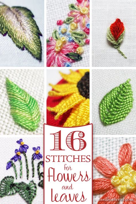 Do you want to add more variety to your hand embroidery by stitching different types of flowers & leaves? Here are sixteen different ways that you can embroider leaves and flower petals! Embroider Leaves, Embroidery Leaf, Embroidery And Cross Stitch, Embroidered Leaves, Embroidery Stitches Tutorial, Hand Embroidery Projects, Crazy Quilting, Brazilian Embroidery, 자수 디자인