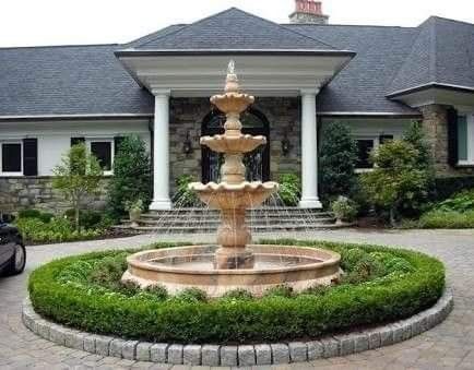 Driveway Roundabout, Circle Driveway Landscaping, Backyard Arizona, Front Yard Fountain, Yard Fountain, Circle Driveway, Entrance Landscaping, Driveway Entrance Landscaping, Landscaping With Fountains