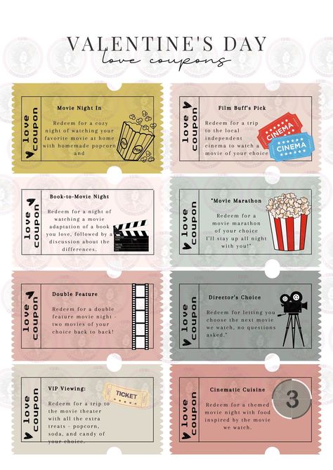 Love Coupons for Movie Lovers Ticket Gift Ideas, Love Tickets, Love Ticket, Homemade Popcorn, Movie Ticket, Valentines Coupons, Film Buff, Love Coupons, Long Distance Gifts