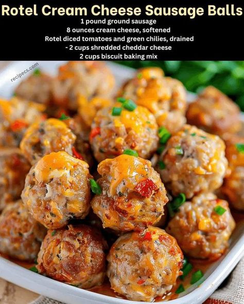 When it comes to comfort food with a touch of Southern charm, Rotel Cream Cheese Sausage Balls are a standout. These delicious bites combine the savory flavor of sausage, the creamy richness of cheese, and the zesty kick of Rotel tomatoes and green chilies, all wrapped up in a fluffy biscuit mix. They're the perfect appetizer for gatherings, parties, or just a cozy night in with family. My first encounter with sausage balls was at a holiday party, where a friend brought a platter of these irresi Sausage Ball Recipe Bisquick, Cream Cheese Sausage Balls Bisquick, Cheese Sausage Balls, Sausage Balls Bisquick, Cream Cheese Sausage, Rotel Recipes, Sausage Bites, Coconut Cream Cheese, Cream Cheese Sausage Balls