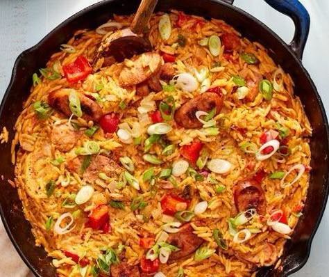 Cajun Orzo, Orzo With Sausage, Easy Creole Recipes, Sausage Dinner Ideas, Sausage Orzo, Simple Food Ideas, Cajun Sausage, Sausage Dinner, Cooking For Family