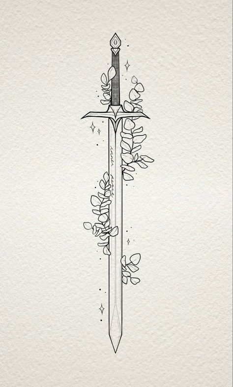 Fine line tattoo sword design with eucalyptus surrounding it magical mystical sword Simple Lightsaber Tattoo, Holly Black Tattoo, Tattoo Ideas Bookish, Ataraxia Acotar, Swords Acotar, Acotar Line Art, Truth Teller Acotar Tattoo, Ataraxia Tattoo Acotar, Medieval Swords Illustration