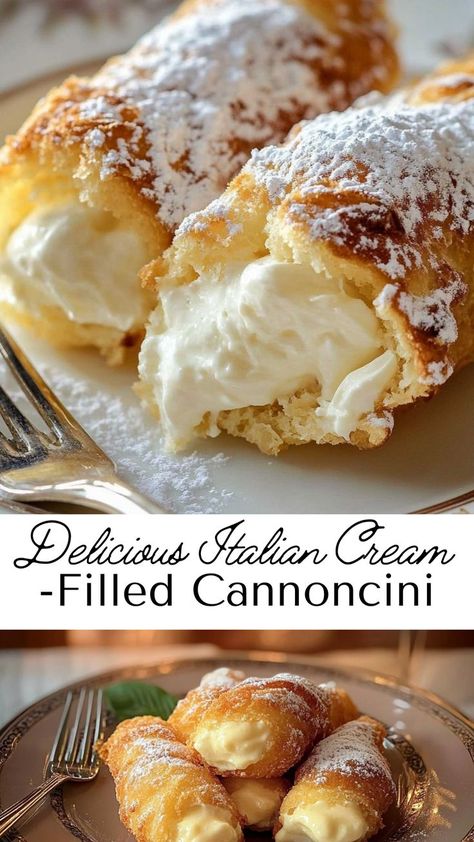 Bring a taste of Italy to your table with these cream-filled cannoncini! Light, crispy pastry paired with rich filling makes for a dessert that’s truly unforgettable. Creme Filled Pastries, Desserts That Dont Need To Be Refrigerated, Easy European Desserts, Baking Ideas Unique, Canolis Recipe Italian Easy, Light Sweets Desserts, Swedish Cream Dessert, Snow White Desserts, Professional Baking Recipes