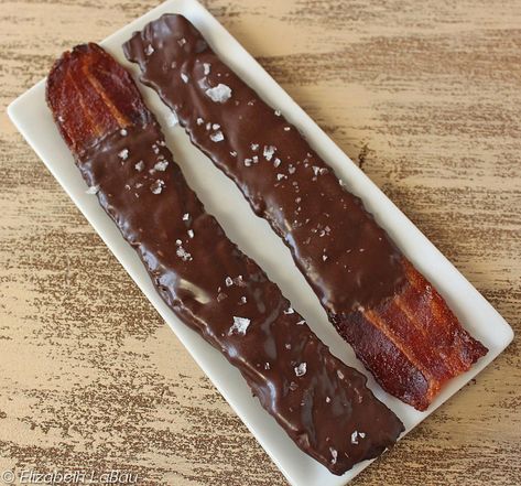 Chocolate-Covered Bacon | 5 minutes · Gluten free · Serves 12 · An easy recipe for Chocolate-Covered Bacon, calling for bacon, chocolate, and sea salt or other toppings. The sweet and salty taste is magnificent! Chocolate Dipped Bacon, Chocolate Covered Bacon, Chocolate Bacon, Salty Treats, Candy Truffles, Candied Bacon, Chocolate Recipe, Bacon Recipes, Chocolate Dipped