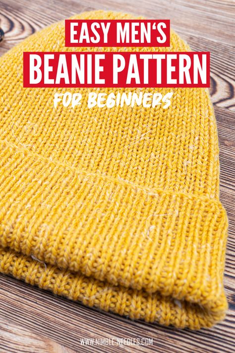 An easy men's beanie pattern for knitting beginners. Step by step instructions to knit a hat that fits perfectly. Pictures and video tutorials to guide you through.  #knittingpattern #knitting #knit #diy #makers Knit Mens Hat Pattern Free, Free Mens Beanie Knitting Patterns, Man’s Knitted Hat Pattern, Knitted Mens Hat, Mens Beanie Hat Pattern Free Knitting, Mens Flat Knit Hat Pattern Free, Mens Beanie Hats Knitting Pattern, Knitted Mens Beanies Patterns Free, Dk Hat Pattern