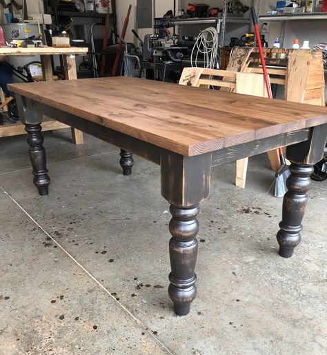 Black Walnut Dining Table Farmhouse, Black Walnut Farmhouse Table, Black Wooden Kitchen Table, Farmhouse Table Colors Stains, Farmhouse Table Black Legs Wood Top, Black And Stained Table, Chocolate Brown Kitchen Table, Old Tables Makeover, Upcycled Dinner Table