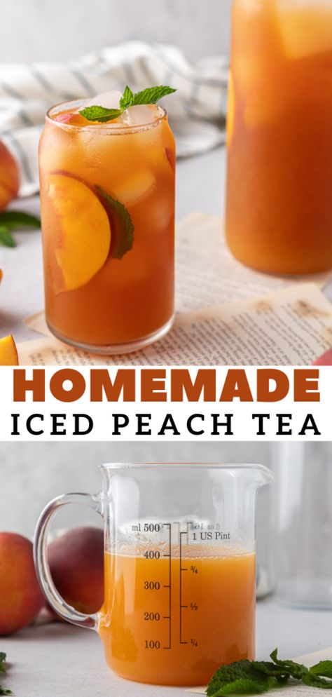 Peach Tea Recipe, Healthy Teas Recipes, Iced Tea Recipes Homemade, Peach Iced Tea, Sweet Tea Recipes, Peach Drinks, Iced Drinks Recipes, Tea Drink Recipes, Peach Syrup