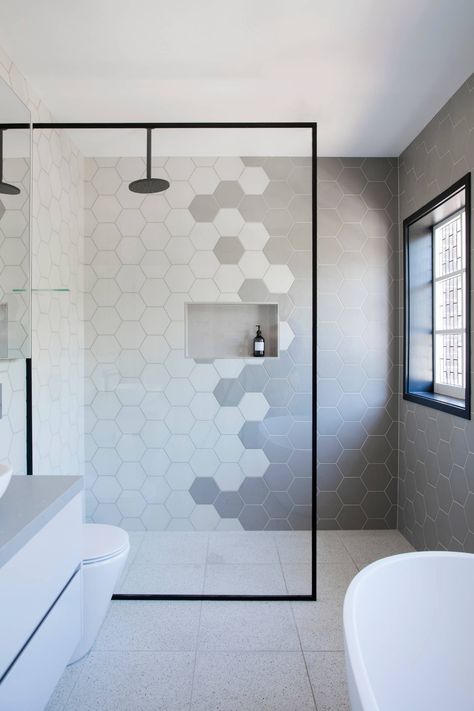 Hexagon Tile Bathroom Shower Wall, Bathroom Hexagon Tile, Hexagon Tile Bathroom Floor, Tile Bathroom Floor, Attic Bathroom Ideas, Hexagon Tile Bathroom, Bathroom Shower Walls, Hexagon Tile, Attic Bathroom