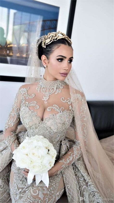 HW428 Luxurious vintage beaded Wedding Gown with detachable train - Nirvanafourteen High Neck Mermaid Wedding Dress, Beaded Wedding Gowns, Long Sleeve Bridal Gown, Beaded Mermaid, Wedding Dresses 2024, Preowned Wedding Dresses, Mermaid Wedding Dresses, Illusion Neckline, Beaded Wedding