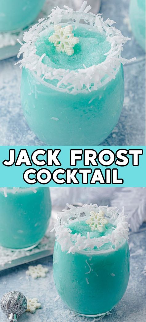 Jack Frost Cocktail – This icy frozen blue Christmas cocktail is your new favorite way to get the holiday party started! It’s the ultimate wintertime drink that tastes…tropical!! Teal Cocktail Drink, Frozen Vodka Cocktails, January Alcoholic Drinks, Blue Christmas Drinks Holiday Cocktails, Blue Holiday Drinks, Christmas Themed Drinks For Kids, Frozen Christmas Drinks, Jack Frost Drink Recipe, Blue Mixed Drinks Alcohol