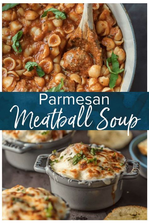 Parmesan Meatball Soup is the ultimate comfort food! This cheesy, hearty Meatball Parmesan Soup topped with melted cheese and basil just might be the best soup you've had all year! #thecookierookie #meatballs #easysoup #cheese #bestsoup via @beckygallhardin Parm Soup, Cocotte Recipes, Meatballs Soup, Soup Cheese, Meatball Parmesan, Meatball Parm, Cocotte Recipe, Soup Video, Meatball Soup Recipes