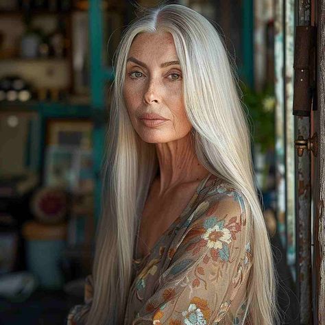 19 Trendy & Easy Long Hairstyles for Women Over 50 Long Hair Long Face, Nail Ideas For Older Women, White Hair Older Women, Beautiful Middle Aged Woman, Long Hair Older Women Over 50 Style, Long Silver Hair Older Women, Older Women Long Hair, Hair Color For Older Women Over 50 Brown, Long Hair For Women Over 50