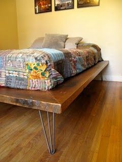 "DIY platform bed with hair pin legs. Repurpose drawers from Habitat for Humanity add piano hinge closure and a clasp for locking to give it a vintage look." Diy Platform Bed Frame, Murphy Bed Ikea, Murphy Bed Ideas, Diy Platform Bed, Murphy Bed Plans, Bed Platform, Diy Bed Frame, Wood Bed Frame, Reclaimed Wood Furniture