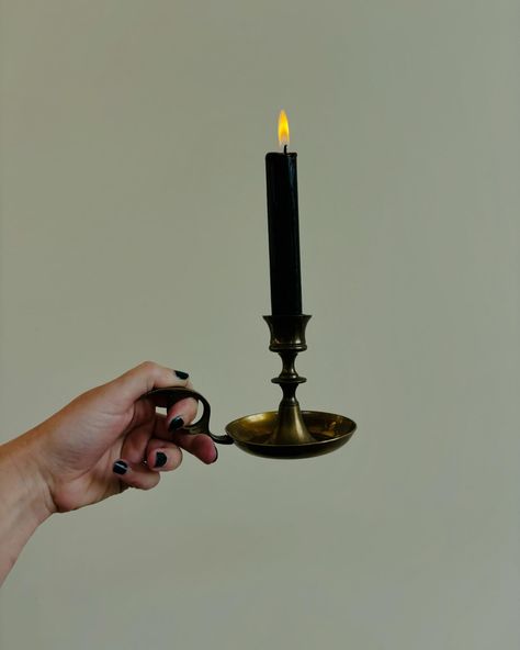 🕯️🍂Vintage Brass Candlestick Collection, Set of Five, Halloween Candleholders and Brass Candle Snuffer🍂🕯️$80//AVAILABLE *Black Candles are not included with the candle holders. The largest finger looped candle holder fits various sizes of candles so that’s a bonus! Also the bell shaped candle holder is infact a functional bell! Candleholders will be shipped/sold free of any wax build up but please note there are varying degrees of patina on all of them. Chamber Candle Holder, Brass Candle Snuffer, Taper Candle Aesthetic, Black Candle Aesthetic, Candle Holder Aesthetic, Victorian Candle Holders, Candle Snuffers, Candlestick Collection, Holding Candle