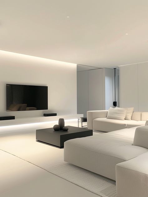 White And Grey House Aesthetic, Minimalist And Modern Living Room, Full White House Interior, Flat Minimalist Design, Modern Minimalist Living Room Minimalism Interior Design, Modern Minimalist Living Room Minimalism, All White Living Room, Light Interior Design, Modern Carpets Design