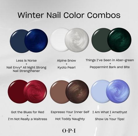 True Winter Nail Polish, Winter Nail Palette, December Color Nails, Deep Winter Nail Polish, Nail Combos Color Combinations, Two Colour Nails Color Combos, Opi Christmas Nails, Nail Colour Combination, Winter Color Palette Nails