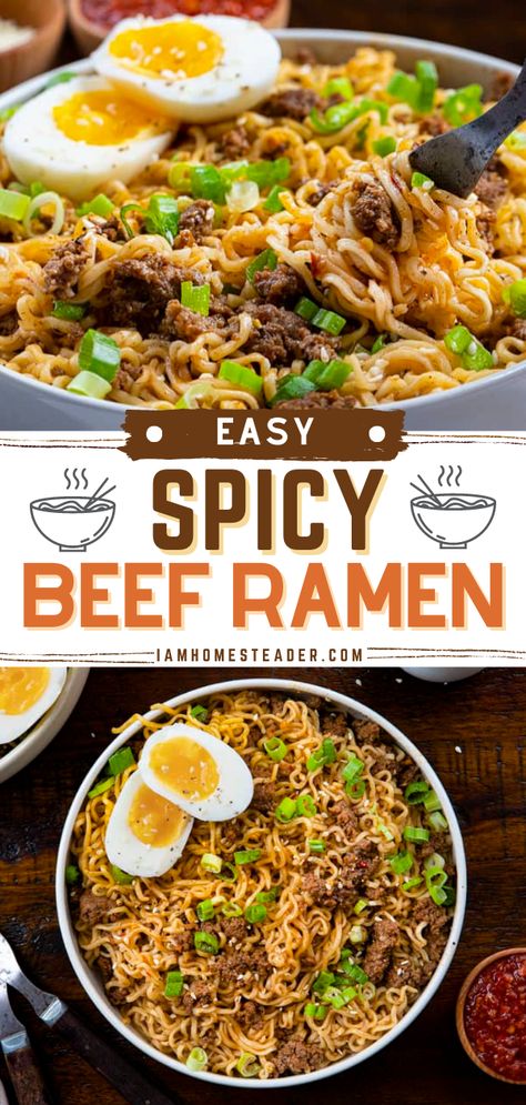 Asian Ground Beef Recipes Noodles, Spicy Ground Beef Ramen Noodle Recipes, Ground Meat Ramen Noodles, Ramen Noodle With Ground Beef, Ramen Noodles With Boiled Egg, Beef Top Ramen Recipes, Ramen And Ground Beef Recipe, Ramen With Ground Beef, Ground Beef And Ramen Noodle Recipes