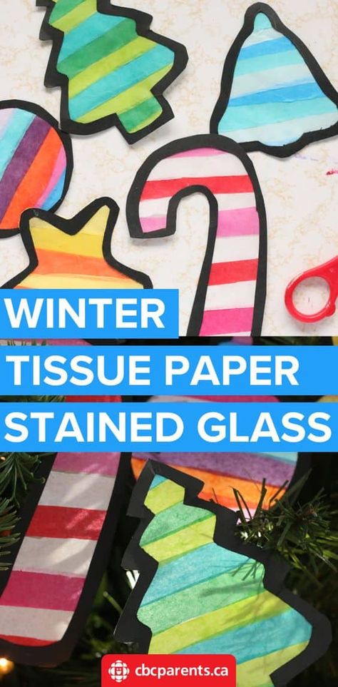 Christmas Craft: Stained Glass Tissue Paper Shapes For Your Tree Or Window | Play | CBC Parents Tissue Paper Christmas Decorations, Paper Stained Glass Window, Stained Glass Tissue Paper, Wonderland Classroom, December Themes, Stained Glass Craft, Tissue Paper Craft, Paper Shapes, Tissue Paper Crafts