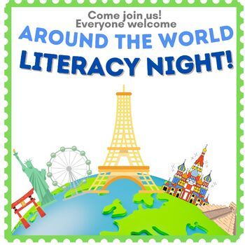 Around the World - Themed Family Literacy Night "Make and Take" with activities,  games, and more! Everything you could possibly need to get startedis included to help you make an unforgettable night of fun and reading for your school community.Perfect for librarians, reading specialists, teachers, principals - anyone you might know who might plan a literacy night for a school setting.Included: Planning pages Ideas for stations, activities, snacks, etc. BookmarksParent brochures Volunteer Badges Library Ideas For Kindergarten, Camp Read A Lot Literacy Night, Around The World Literacy Activities, Literacy Night Themes Ideas, Reading Around The World Theme, Elementary Literacy Night, Family Reading Night Themes, Reading Night Themes, Reading Night Ideas