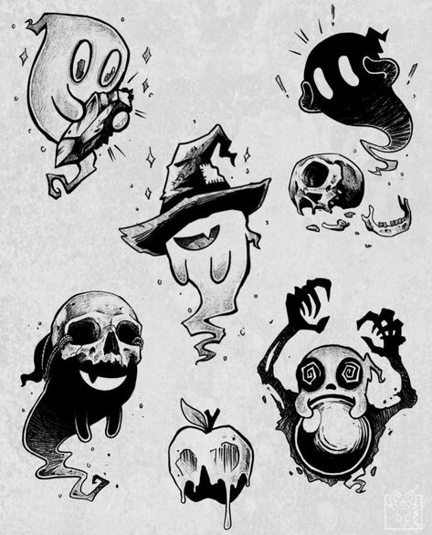 Halloween Flash, Ghost Tattoo, Creepy Tattoos, Spooky Tattoos, Dark Art Tattoo, Cartoon Tattoos, Tattoo Art Drawings, Halloween Tattoos, Tattoo Flash Art