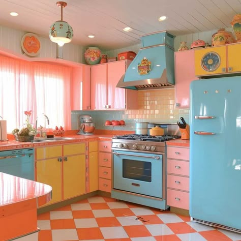 retro kitschy kitchen inspo vintage kitschy kitchen inspo quirky kitschy kitchen inspo colorful kitschy kitchen inspo eclectic kitschy kitchen inspo Kitsch Decor Retro Style, Pastel Vintage Living Room, 1950 Interior Design, Pink And Blue Kitchen, Pearl Kitchen, Kitsch Aesthetic, Estilo Kitsch, Living Room Transformation, Quirky Kitchen