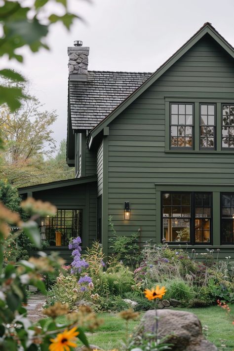 Forest Green House, Green Home Exterior, Green House Exterior, Cottagecore Life, Oak House, Home Exteriors, Earthy Green, Architectural Styles, Casa Container