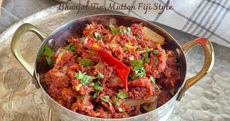 Corned/Tinned mutton is a family staple in many Fijian households. I remember eating it at least once every couple of months while growing u... Fiji Recipes, Fijian Recipes, Mutton Fry, Fijian Food, Mutton Recipe, Fiji Food, Tamarind Sauce, Ocean Island, Fried Corn