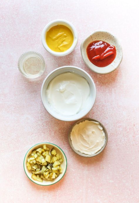 Easy DIY Greek Yogurt Big Mac Sauce - Lindsay Pleskot, RD Greek Yogurt Sauce Recipes, Sauce Using Greek Yogurt, Big Mac Sauce With Greek Yogurt, Greek Yogurt Big Mac Sauce, Greek Yogurt Based Sauce, Healthy Big Mac Sauce, Diy Big Mac Sauce, Burger Sauce Greek Yogurt, Greek Yogurt Fry Sauce