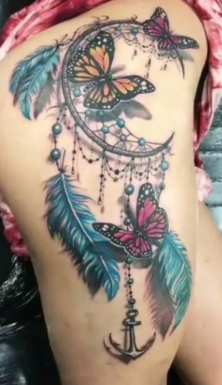 Tattoo For Women Leg, Butterfly Thigh Tattoo, Dream Catcher Tattoo Design, Dream Catcher Tattoo, Hip Tattoos Women, Leg Tattoos Women, Dope Tattoos For Women, Butterfly Tattoos, Thigh Tattoos Women