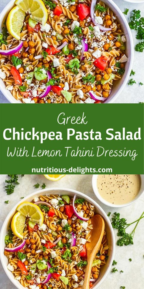 Tahini Pasta Salad, Chickpea Pasta Salad, Quinoa Spinach Salad, Tahini Pasta, Greek Chickpeas, Vegan Pasta Salad, Healthy Pasta Salad, Pasta Salad Dressing, Lemon Tahini Dressing