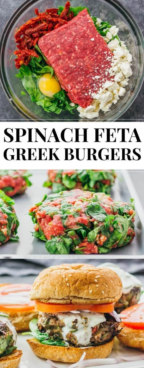 Greek Burgers, Greek Burger, Ground Beef Recipes Healthy, Easy Mediterranean Diet Recipes, Spinach Feta, Tzatziki Sauce, Ground Beef Recipes For Dinner, Spinach And Feta, Sun Dried Tomatoes