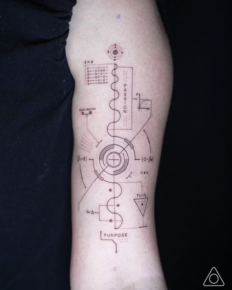 Geometric tattoo design inspired by the son named Terminal Velocity by John Petrucci Hvac Tattoos, Scientific Tattoo Ideas, Equilibrium Tattoo, Entropy Tattoo, Quantum Tattoo, Engineering Tattoo, Math Tattoo, Consciousness Tattoo, Scientific Tattoo