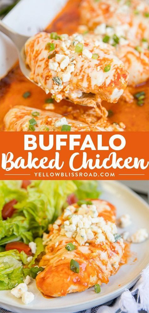 Baked Buffalo Chicken Breasts are tender and juicy, smothered in spicy buffalo sauce and melted cheese. It's a simple, 3-ingredient baked chicken recipe. #chickenrecipes #dinner #buffalochicken via @yellowblissroad Baked Buffalo Chicken Breast, Buffalo Chicken Breast, Spicy Buffalo Sauce, Chicken Lombardy Recipes, Yellow Bliss Road, Baked Chicken Recipe, Chicken Food Recipes, Buffalo Chicken Recipes, Baked Buffalo Chicken