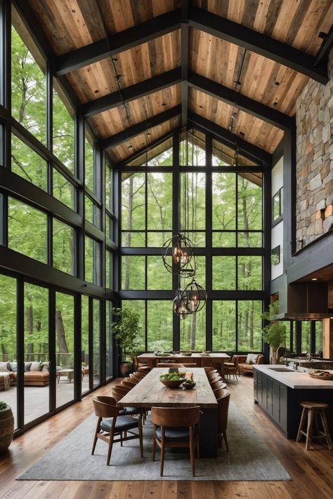 20 Modern Mountain Home Design Ideas – ToolzView Luxury Ranch Interior Design, House On A Creek, Lake House With Large Windows, Aspen Mountain House, Dark Academia Scandinavian Interior, Modern House With Lots Of Windows, House With Wall Of Windows, Modern Lodge Interior Design, Mountain Home Design Interiors