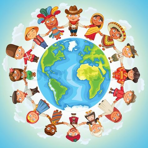 Stock vector of 'Multicultural character on planet earth cultural diversity traditional folk costumes. Different culture standing together holding hands. Unity people from around the world. Vector illustration' Diversity Poster, Irish Genealogy, School Murals, 3d Printed Metal, Unity In Diversity, Cultural Diversity, People Of The World, Planet Earth, People Around The World